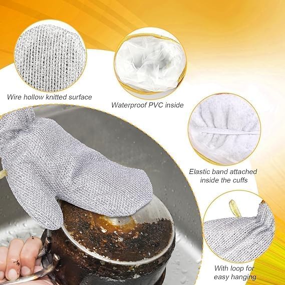 TRUE SHOP® WIRE DISHWASHING GLOVES KITCHEN CLEANING HOUSEHOLD CLEANING TOOLS, HEAT INSULATION ANTI-HOT WATERPROOF & DURABLE SKIN-FRIENDLY REUSABLE KITCHEN FOR WASHING DISHES (PACK OF 2 GLOVES) - Image 3