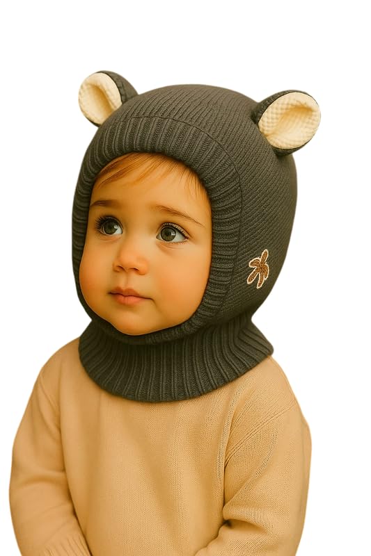 Krystle Kids Winter Knitted Balaclava Hat with Cute Bear Ears – Warm Woolen Cap for Boys & Girls (Grey,1-4 Years) - Image 1