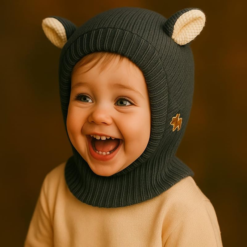 Krystle Kids Winter Knitted Balaclava Hat with Cute Bear Ears – Warm Woolen Cap for Boys & Girls (Grey,1-4 Years) - Image 2