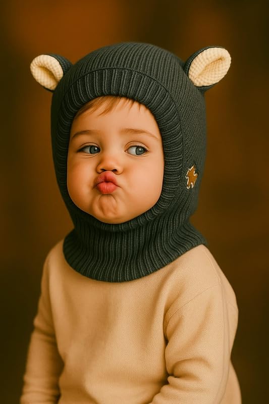 Krystle Kids Winter Knitted Balaclava Hat with Cute Bear Ears – Warm Woolen Cap for Boys & Girls (Grey,1-4 Years) - Image 3