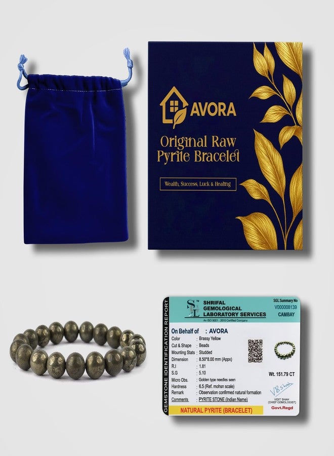 AVORA Certified Original Raw Pyrite Bracelet for Men & Women | Natural Crystal Energy Stone for Wealth, Success, Luck & Healing | Money Magnet Beads with Certificate - Image 3