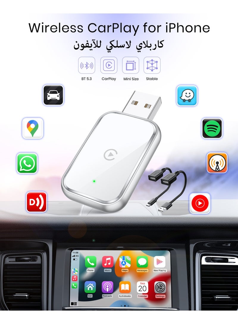 Kingone Upgrade Wireless CarPlay Adapter for iPhone, Convert Wired to Wireless Apple CarPlay Adapter, No Delay, Auto Connect, and Stable Control Mini Size with Extension Cable USB-C and Type-C (White) - Image 1