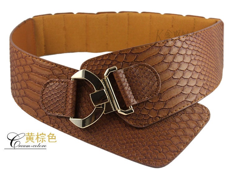 New European and American inclined elastic ultra-wide belt snake pattern crocodile pattern big brand decorative ladies waist seal factory outlet Yellow Brown  - Image 1