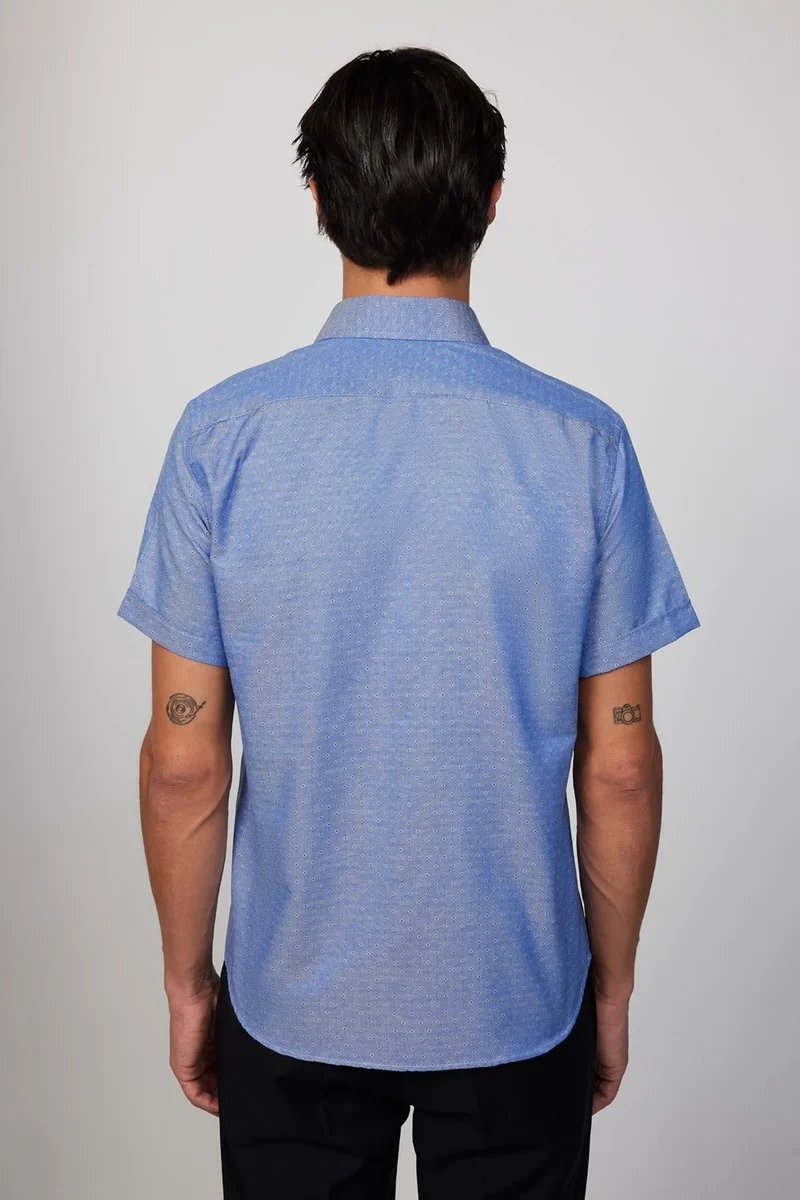 Tudors Classic Fit Short Sleeve Tie Holder Dobby Single Pocket Plain Indigo Men's Shirt