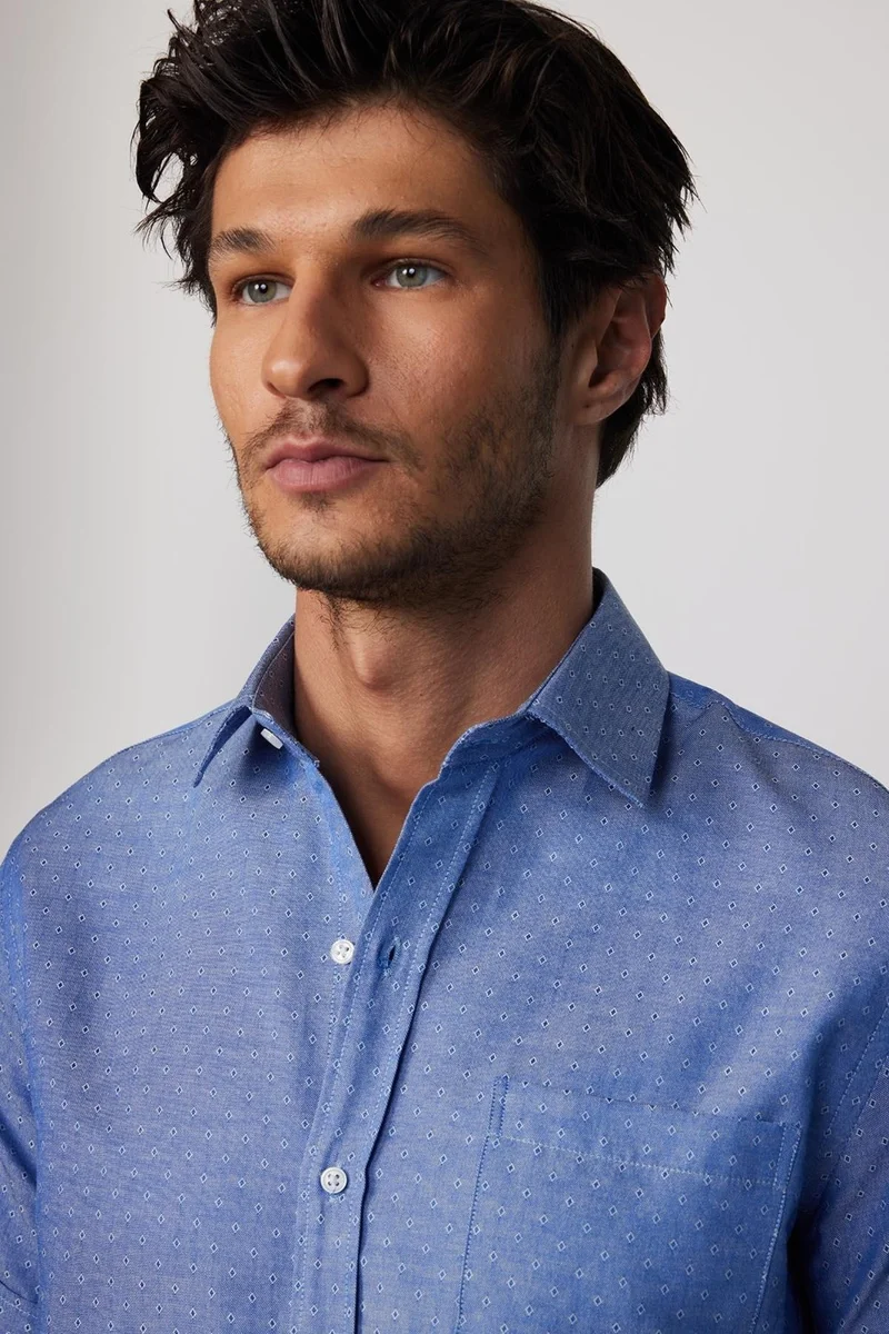 Tudors Classic Fit Short Sleeve Tie Holder Dobby Single Pocket Plain Indigo Men's Shirt