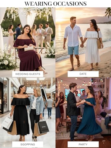 SCOMCHIC Womens Plus Size Wedding Guest Cocktail Dresses Off The Shoulder Smocked Waist Ruffle Slit Maxi Dress White - Image 4