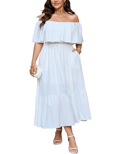 SCOMCHIC Womens Plus Size Wedding Guest Cocktail Dresses Off The Shoulder Smocked Waist Ruffle Slit Maxi Dress White - Image 1