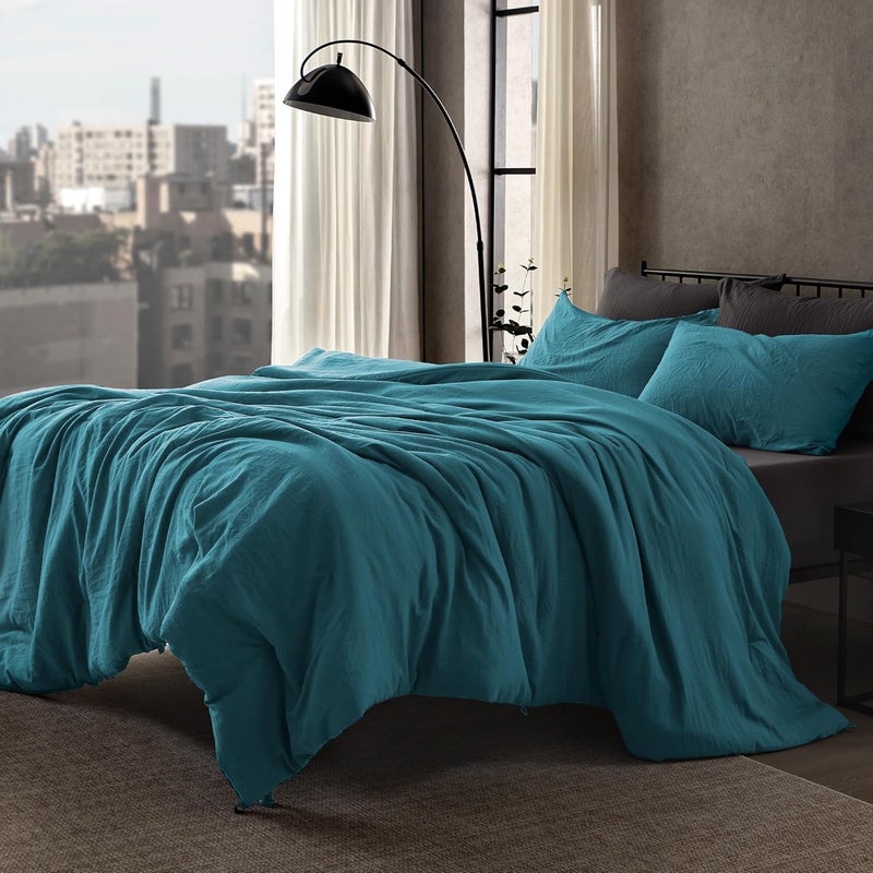 SLEEP ZONE مجموعة لحافات سعة توين/توين إكس إل من سلسلة ، مع وسادة داخلية ذات نسيج طبيعي متجعد، ملمس قطني-كتاني، خفيفة الوزن وناعمة وقابلة للتنفس، تتضمن لحافًا واحدًا وغطاء واحدًا للوسادة (لون أزرق فاتح). - Image 1