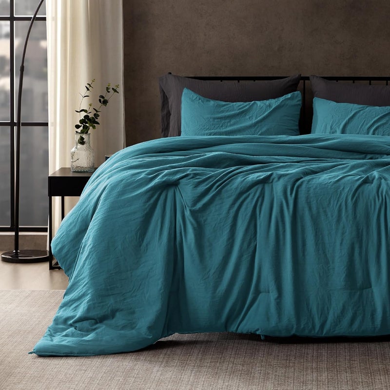SLEEP ZONE مجموعة لحافات سعة توين/توين إكس إل من سلسلة ، مع وسادة داخلية ذات نسيج طبيعي متجعد، ملمس قطني-كتاني، خفيفة الوزن وناعمة وقابلة للتنفس، تتضمن لحافًا واحدًا وغطاء واحدًا للوسادة (لون أزرق فاتح). - Image 2