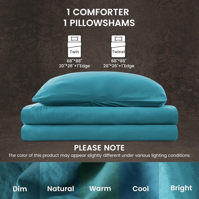 SLEEP ZONE مجموعة لحافات سعة توين/توين إكس إل من سلسلة ، مع وسادة داخلية ذات نسيج طبيعي متجعد، ملمس قطني-كتاني، خفيفة الوزن وناعمة وقابلة للتنفس، تتضمن لحافًا واحدًا وغطاء واحدًا للوسادة (لون أزرق فاتح). - Image 5