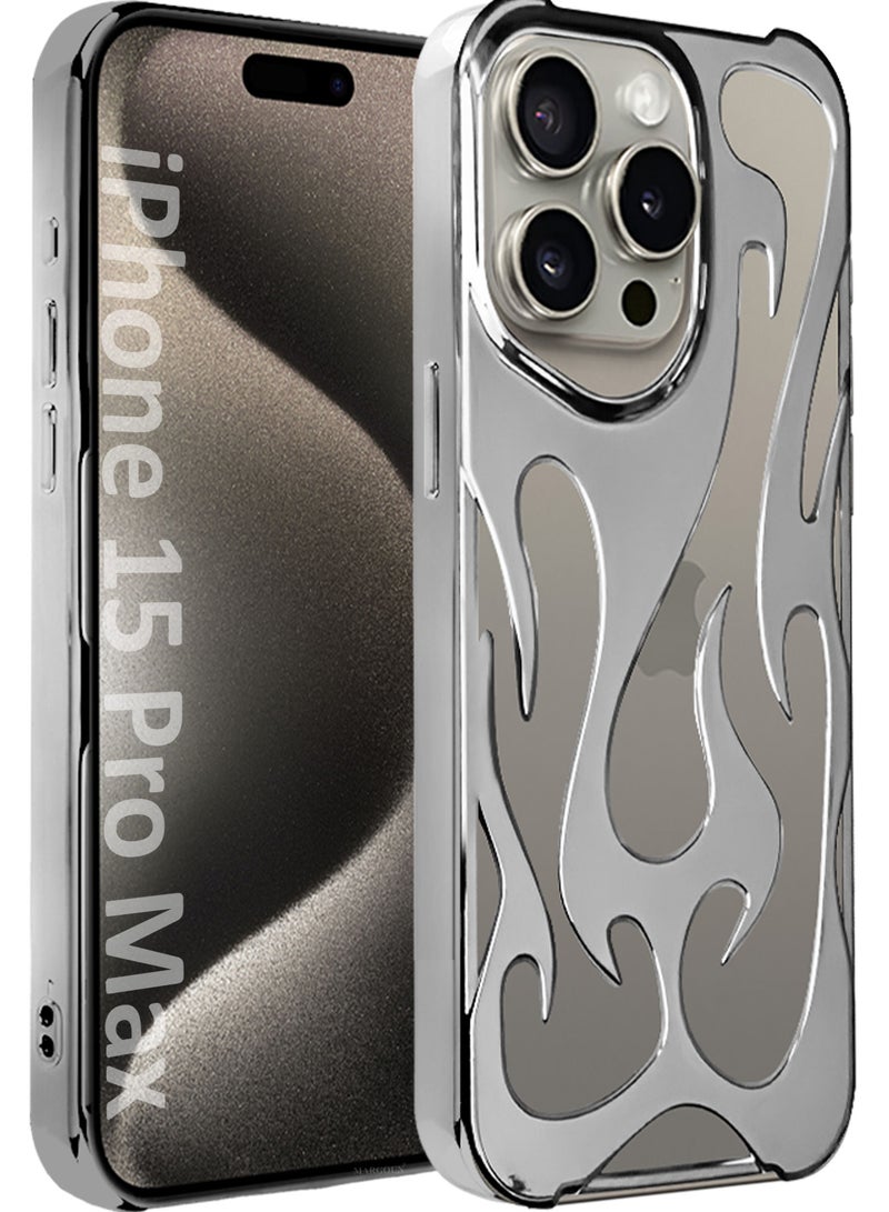 CATANES iPhone 15 Pro Max Case Cover Soft TPU and Glossy with Flame Design - Silver - Image 1