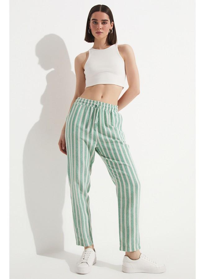 JUNE Elastic Waist Striped Trouser Green - Image 1