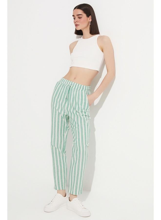 JUNE Elastic Waist Striped Trouser Green - Image 2