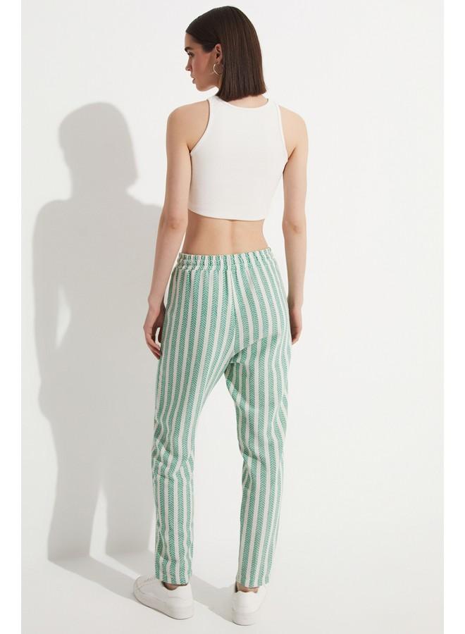 JUNE Elastic Waist Striped Trouser Green - Image 4