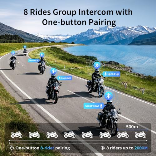 FODSPORTS Motorcycle Bluetooth Intercom with Music Sharing, M1S Pro 2000m 8 Riders Group Helmet Communication System Headset Universal Wireless Interphone (Waterproof/Handsfree/Stereo Music/GPS/2 Mic) - Image 2