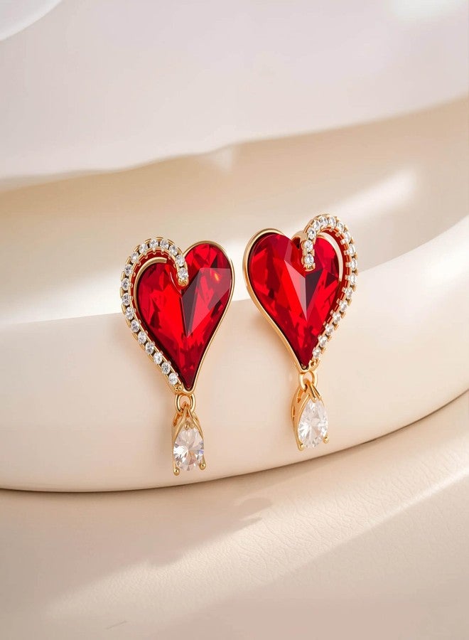 EVEVIC Austrian Crystal Heart Stud Earrings for Women Trendy Halo Earrings 14K Gold Plated Hypoallergenic Jewelry (Red) - Image 5