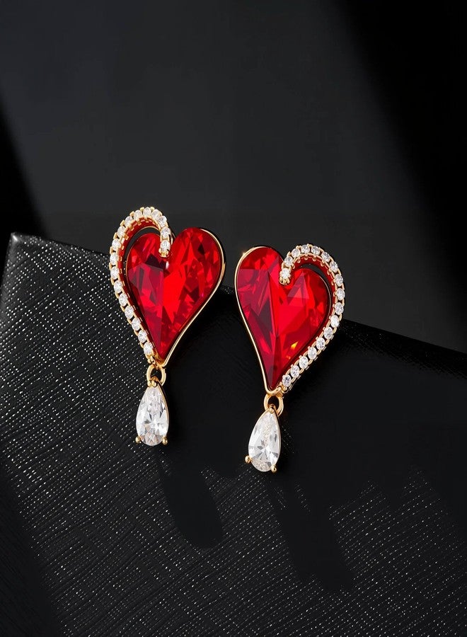 EVEVIC Austrian Crystal Heart Stud Earrings for Women Trendy Halo Earrings 14K Gold Plated Hypoallergenic Jewelry (Red) - Image 3
