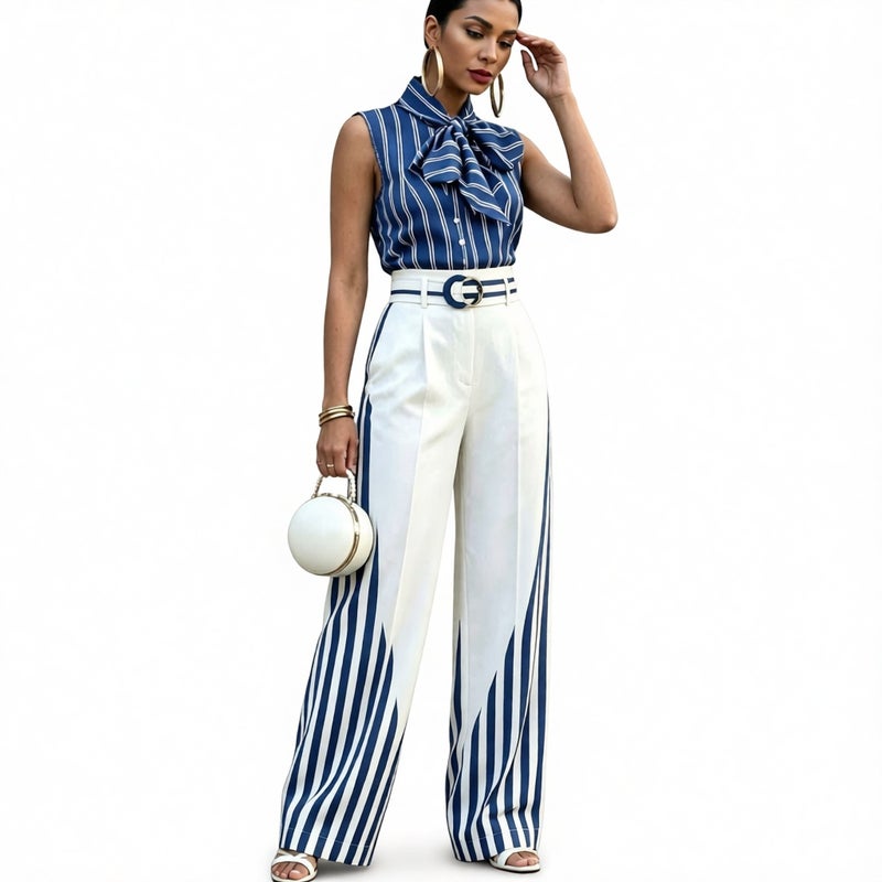 Women's Sleeveless Blouse with Bow Tie and Striped Straight Leg Pants Two-Piece Set - Image 1