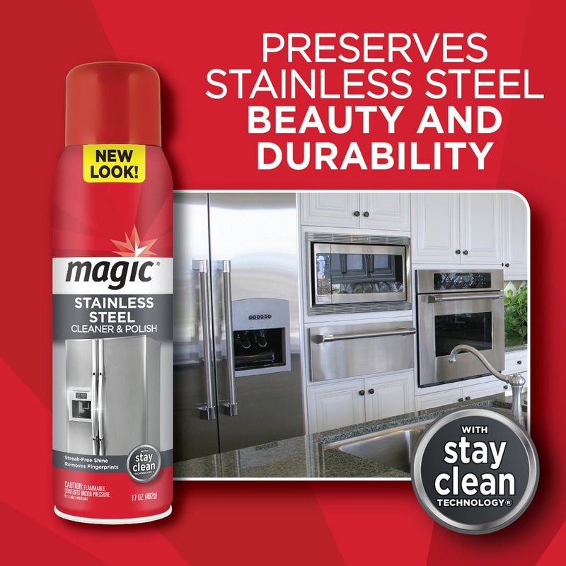 Magic Stainless Steel Cleaner Aerosol - 17 Ounce - Removes Fingerprints Residue Water Marks and Grease From Appliances - Refrigerator Dishwasher Oven Grill etc - Image 3