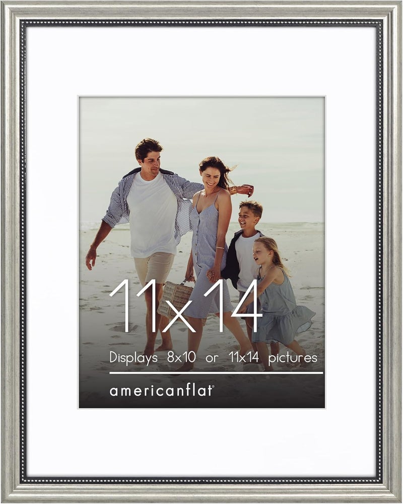 Americanflat Vintage Frames - 11x14 Picture Frame with Beaded Accents and Shatter-Resistant Glass - Use as 8x10 Frame or 11x14 Frame Without Mat - Silver Antique Style Frames for Wall Display - Image 1