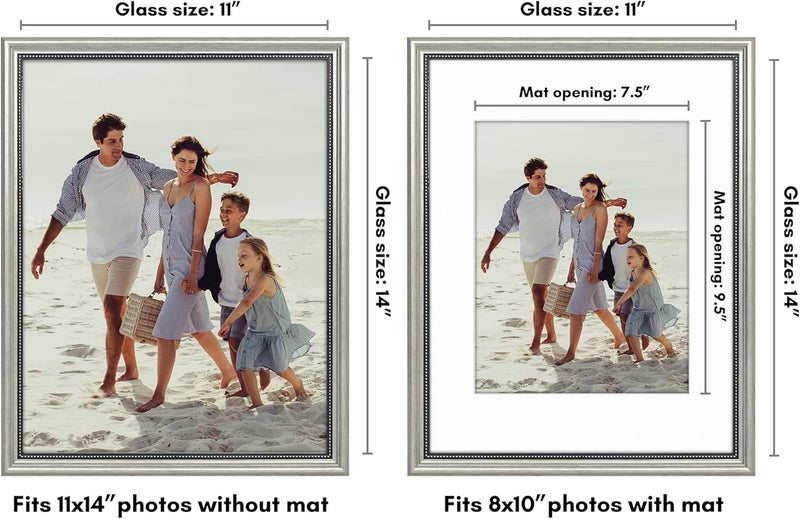 Americanflat Vintage Frames - 11x14 Picture Frame with Beaded Accents and Shatter-Resistant Glass - Use as 8x10 Frame or 11x14 Frame Without Mat - Silver Antique Style Frames for Wall Display - Image 2