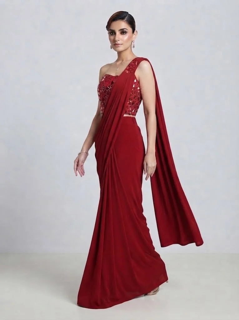 Viny  Viny Women's Saree with Mirror Work One-Shoulder Blouse – Ready-to-Wear Draped Saree Set – Ramadan & Eid – Red – Indian Ethnic Wear for Women | Best Price UAE