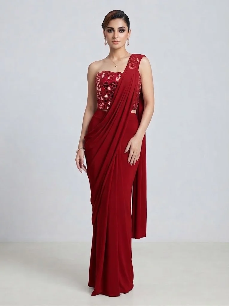 Viny Women's Saree with Mirror Work One-Shoulder Blouse – Ready-to-Wear Draped Saree Set – Ramadan & Eid – Red – Indian Ethnic Wear