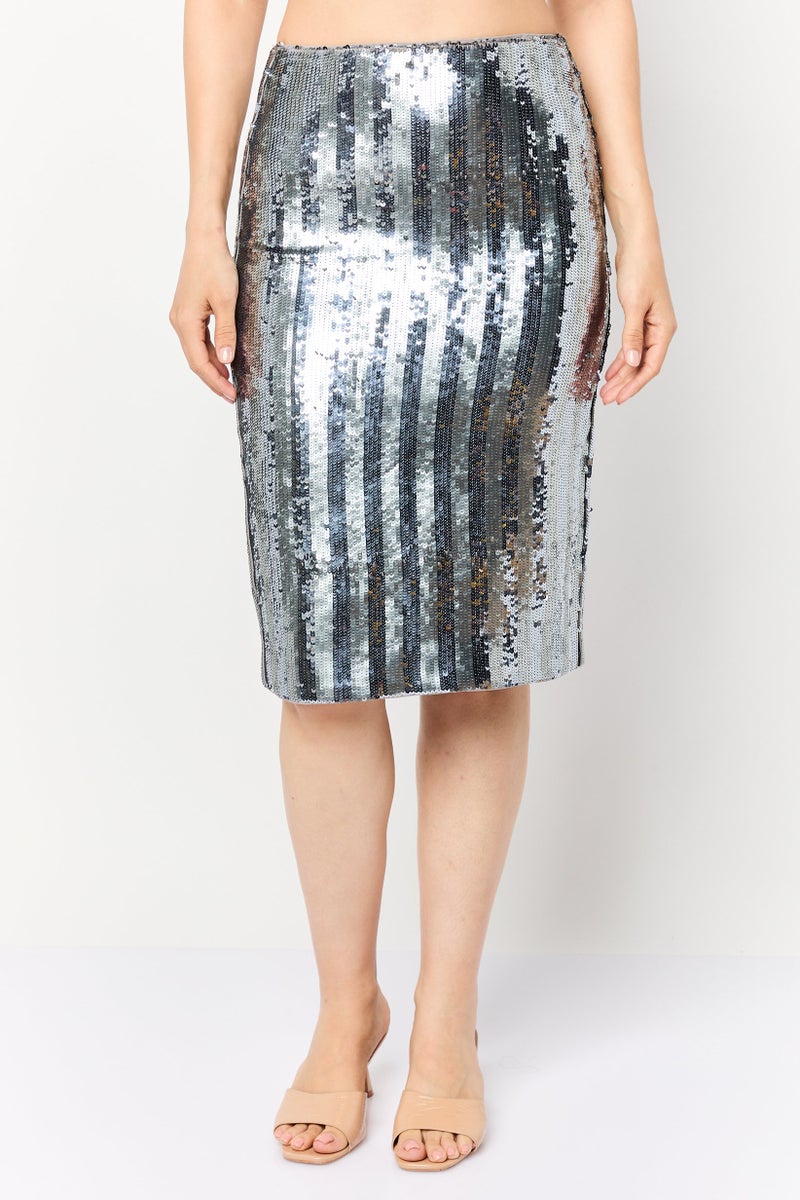 ESPRIT Women Sequin Midi Skirt, Silver - Image 1
