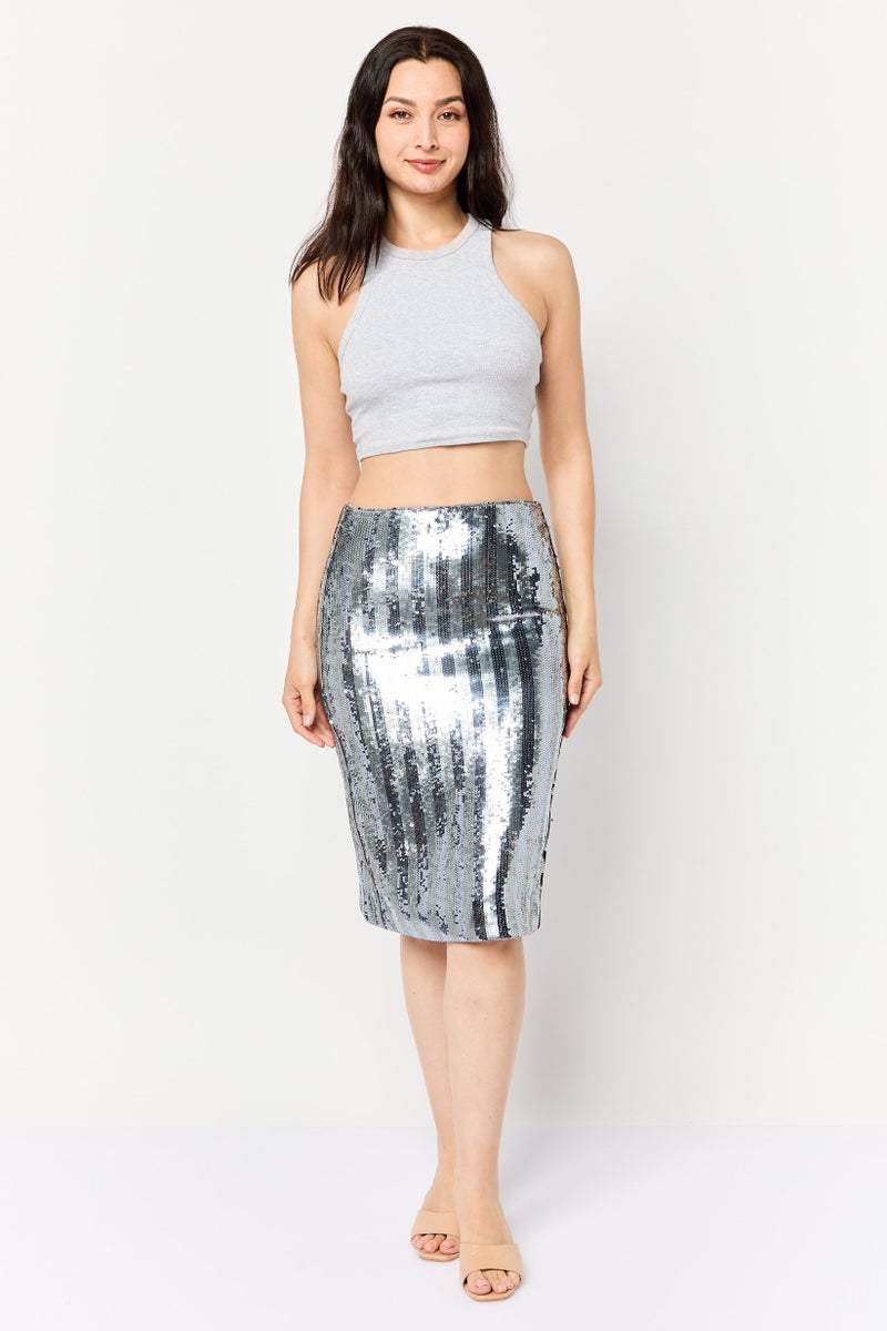 ESPRIT Women Sequin Midi Skirt, Silver - Image 3
