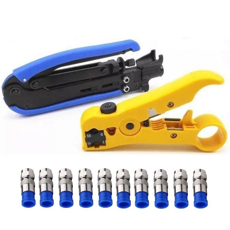 Gaobige Coaxial Compression Tool Coax Cable Crimper Kit Adjustable rg6 rg59 rg11 755 757 Coaxial Cable Stripper with 10pcs RG6 F Compression Connectors Blue