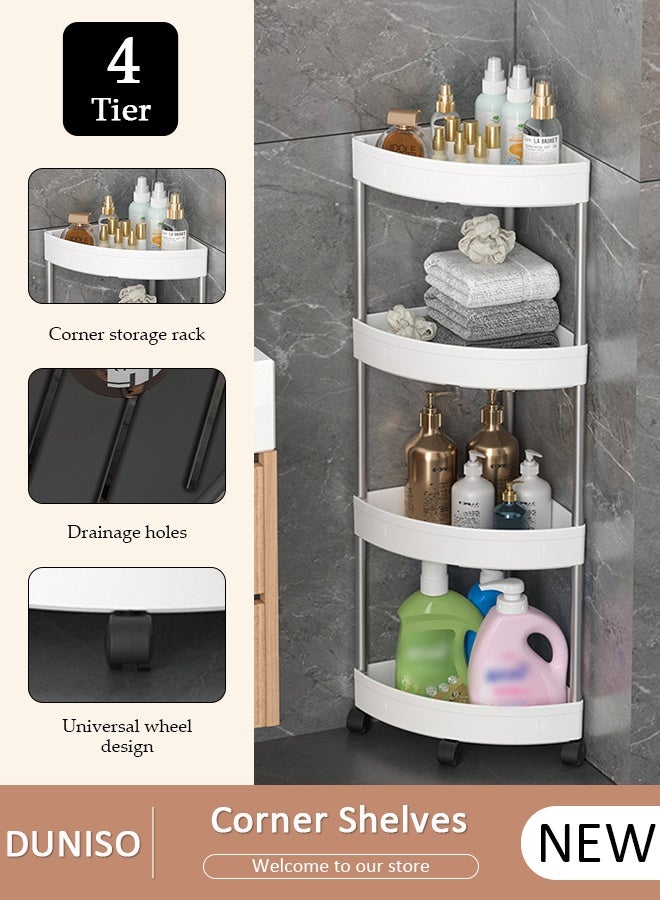 DUNISO 4-Tier Plastic Bathroom Corner Shelves,Shower Caddy Shelves,Waterproof Bathroom Unit Cart with Wheel,Rust Proof Open Storage Cart for Bathroom, Kitchen & Balcony  (White) - Image 1