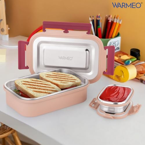 WARMEO Delight Insulated Stainless Steel Airtight Leak-Proof Lunch Box with Clip Lock Lid,Light Weight, Easy to Clean, Perfect for Office, School, Picnic & Travelling, Combo(800ml+150ml), Cream & RED - Image 2