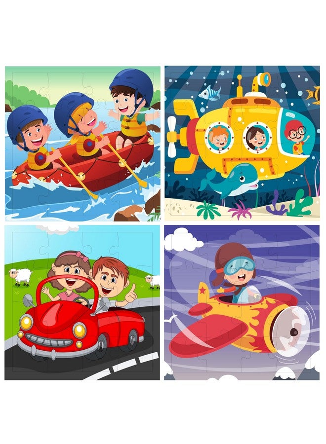 Fiddlys Fiddly's 16-Piece Wooden Jigsaw Puzzles for Kids Ages 3+, Double Layered Wooden Puzzles with Bright Front & Back Print (Vehicles World Pack of 4) - Image 1