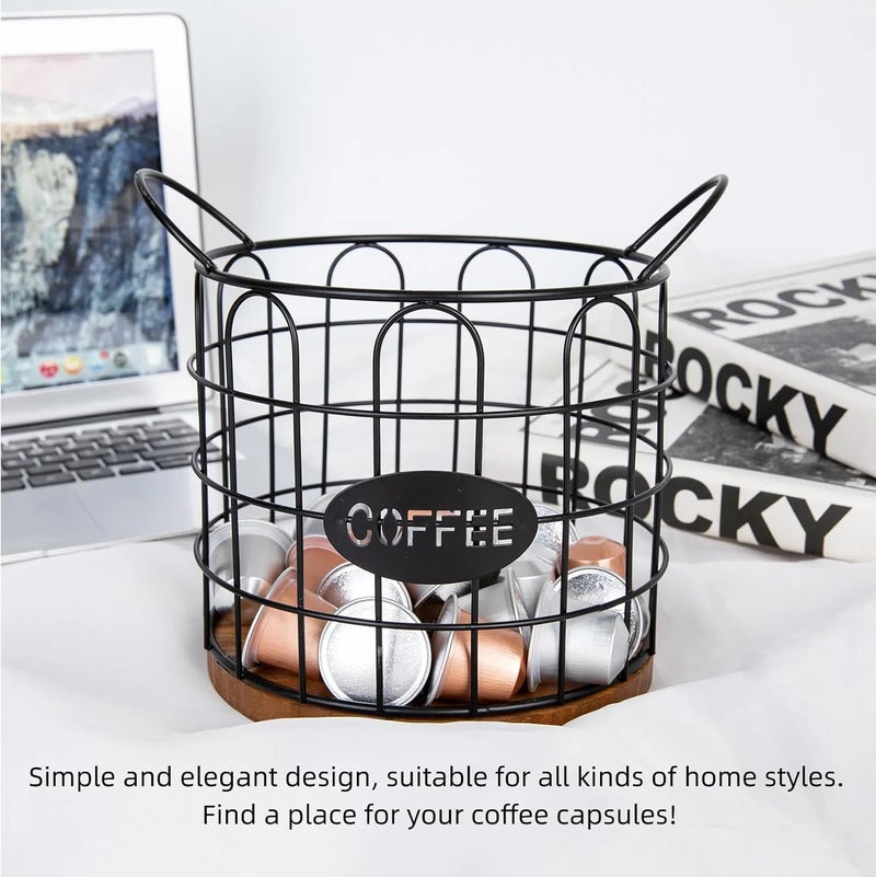 Fving Coffee Pod Holder, Large Capacity K Cup Holder Organizer,Big Metal Capsule Storage Basket with Wooden Base, Coffee Bar Decor Station Accessories for Kitchen Counter Office Desktop (Black) - Image 3