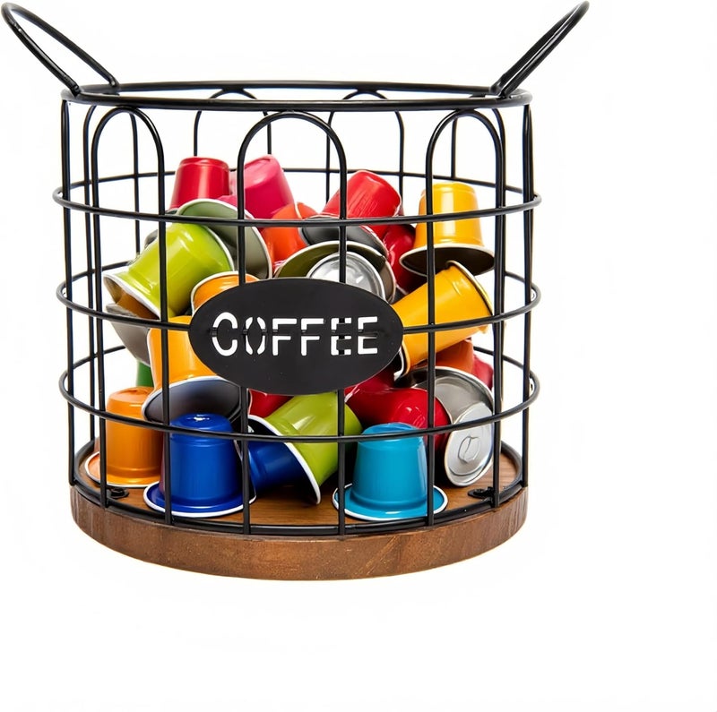 Fving Coffee Pod Holder, Large Capacity K Cup Holder Organizer,Big Metal Capsule Storage Basket with Wooden Base, Coffee Bar Decor Station Accessories for Kitchen Counter Office Desktop (Black) - Image 1