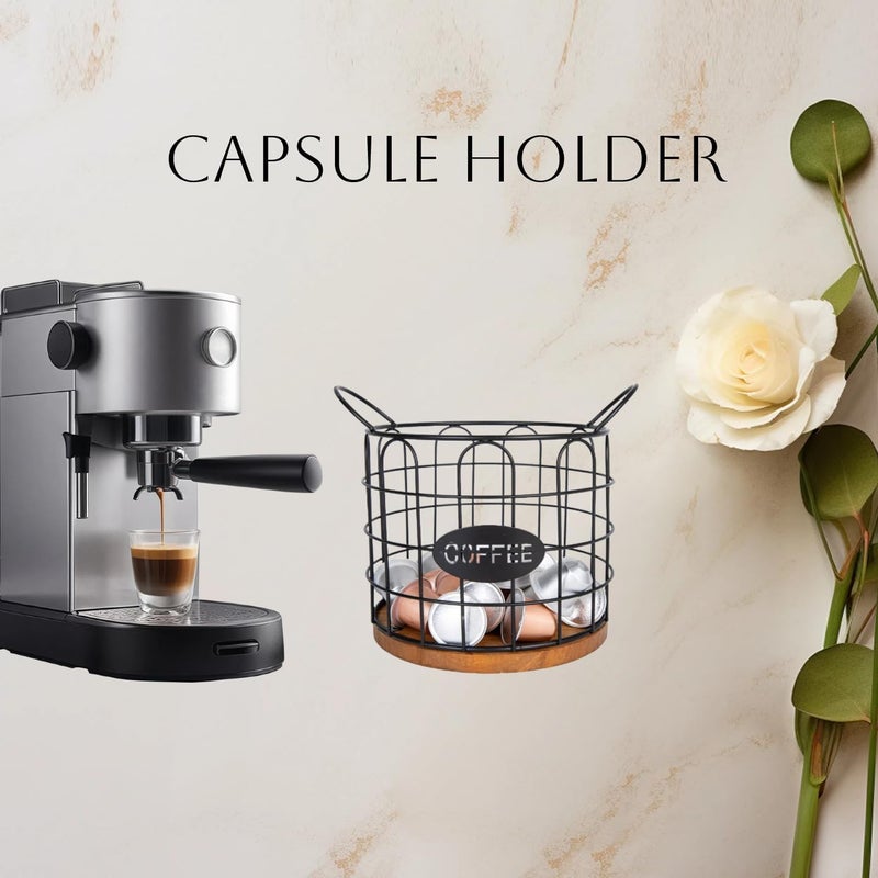 Fving Coffee Pod Holder, Large Capacity K Cup Holder Organizer,Big Metal Capsule Storage Basket with Wooden Base, Coffee Bar Decor Station Accessories for Kitchen Counter Office Desktop (Black) - Image 4