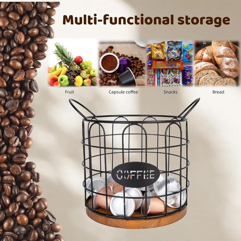 Fving Coffee Pod Holder, Large Capacity K Cup Holder Organizer,Big Metal Capsule Storage Basket with Wooden Base, Coffee Bar Decor Station Accessories for Kitchen Counter Office Desktop (Black) - Image 2