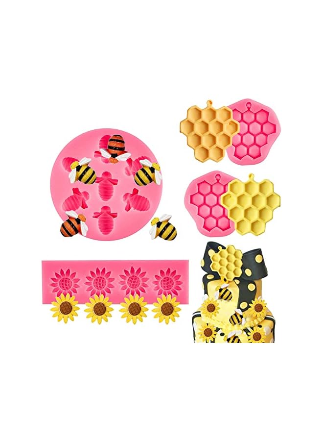 SYOSI Silicone Mold Bumble Bee Chocolate Sugarcraft Baking Tool DIY Cake Silicone Mold Honeycomb Sunflower and Bee Fondant Molds for Cupcake Cake Decorating Sugar, 4 Pieces - Image 2