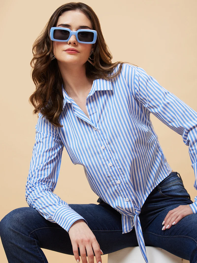 Women Blue Striped Cotton Shirt Style Top