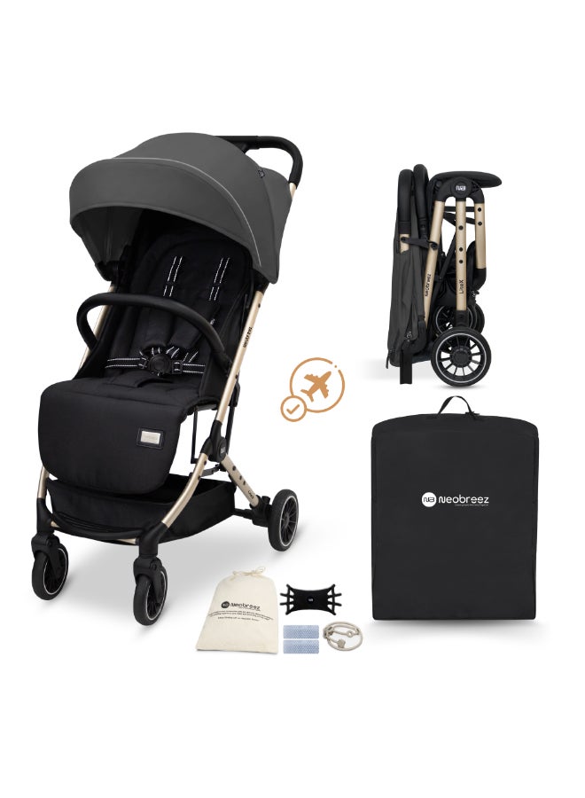 Neobreez LITEX Lightweight Cabin Size Travel Baby Toddler Stroller|Trolley Handle Pushchair,Waterproof UPF 50+Canopy,Gold Frame,0-3yrs,15kg,3yrs Warranty-Grey Black - Image 1