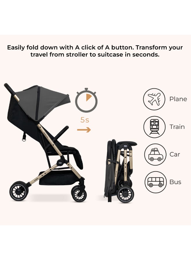Neobreez LITEX Lightweight Cabin Size Travel Baby Toddler Stroller|Trolley Handle Pushchair,Waterproof UPF 50+Canopy,Gold Frame,0-3yrs,15kg,3yrs Warranty-Grey Black - Image 4