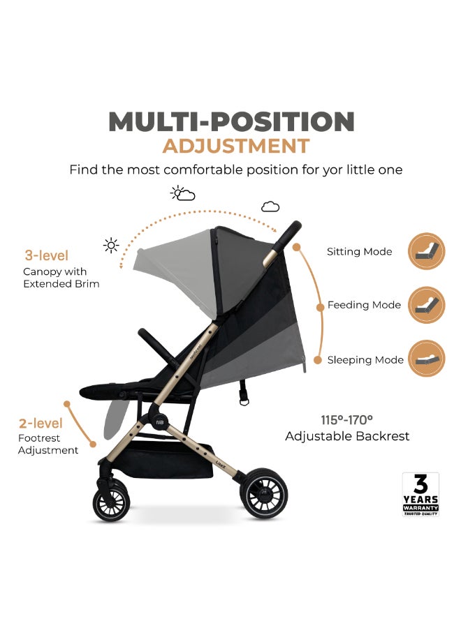 Neobreez LITEX Lightweight Cabin Size Travel Baby Toddler Stroller|Trolley Handle Pushchair,Waterproof UPF 50+Canopy,Gold Frame,0-3yrs,15kg,3yrs Warranty-Grey Black - Image 2