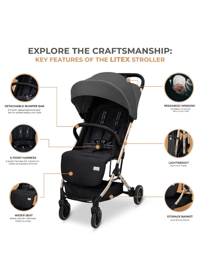 Neobreez LITEX Lightweight Cabin Size Travel Baby Toddler Stroller|Trolley Handle Pushchair,Waterproof UPF 50+Canopy,Gold Frame,0-3yrs,15kg,3yrs Warranty-Grey Black - Image 5