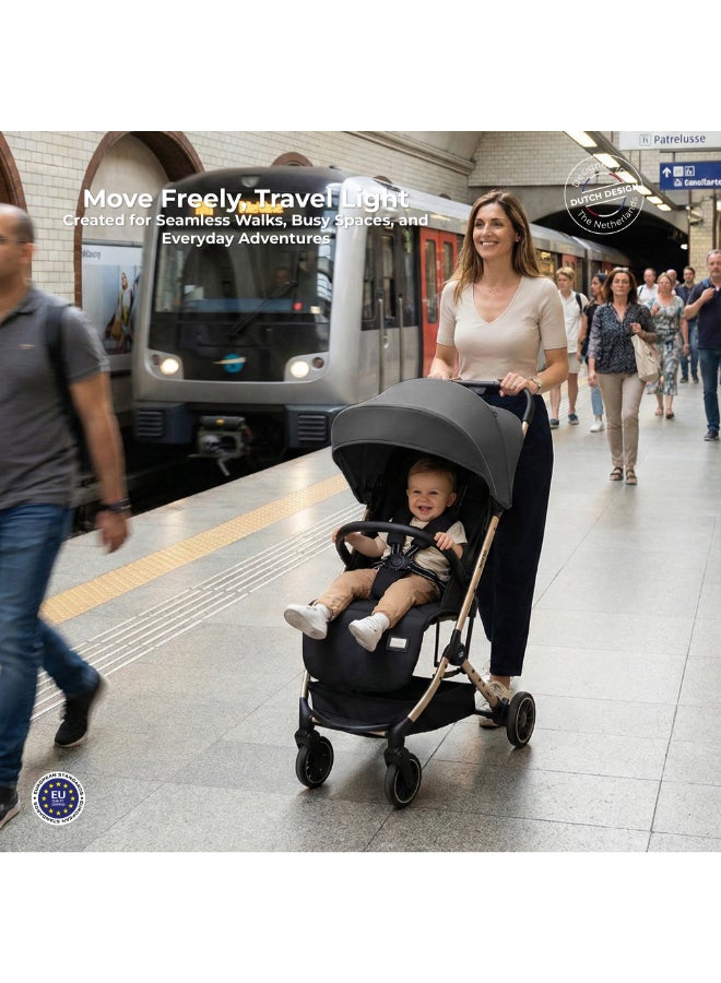 Neobreez LITEX Lightweight Cabin Size Travel Baby Toddler Stroller|Trolley Handle Pushchair,Waterproof UPF 50+Canopy,Gold Frame,0-3yrs,15kg,3yrs Warranty-Grey Black - Image 3