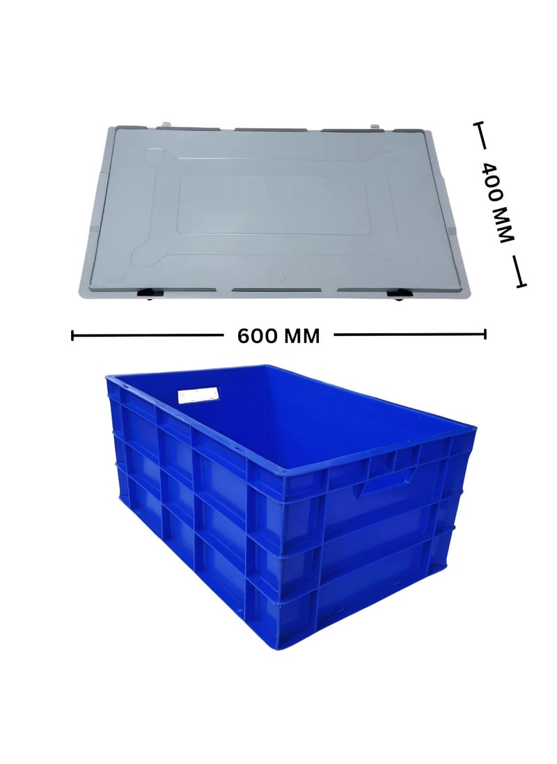 SINGHAL - SINGHAL Plastic Crate 60x40x27 CM With Lid Multipurpose Heavy Duty Big Blue Portable Crates for storage Shelf Basket for Large Storage Bin Vegetable Fruit Milk - Image 1
