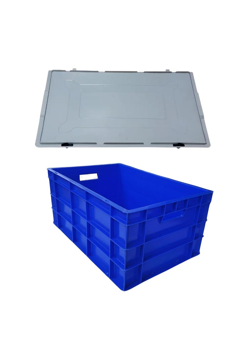 SINGHAL - SINGHAL Plastic Crate 60x40x27 CM With Lid Multipurpose Heavy Duty Big Blue Portable Crates for storage Shelf Basket for Large Storage Bin Vegetable Fruit Milk - Image 1