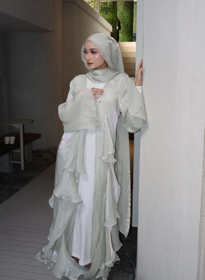 Take Two Green Plain Abaya with Ruffle Detail - Image 1