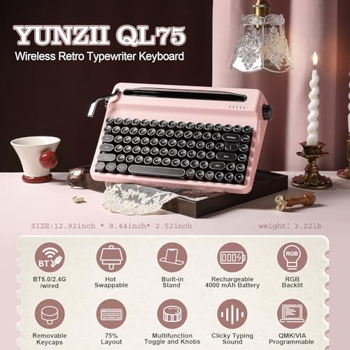 YUNZII QL75 Wireless Typewriter Hot Swap Retro Mechanical KeyboardPunk Round KeycapsRGB Backlit QMKVIA ProgrammableMultiDevice Keyboard with 24GHzTypeCBT50 Pink Cocoa Cream V2 Switch - Image 3