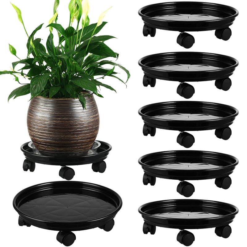 Planterhoma 6 Packs Plant Caddy with Wheels 11.8" Plastic Rolling Plant Dolly Coasters Heavy-duty Wheeled Planter Mover Rollers Indoor Outdoor Wheeled Flower Pot Base Suacers with Casters, Black - Image 1