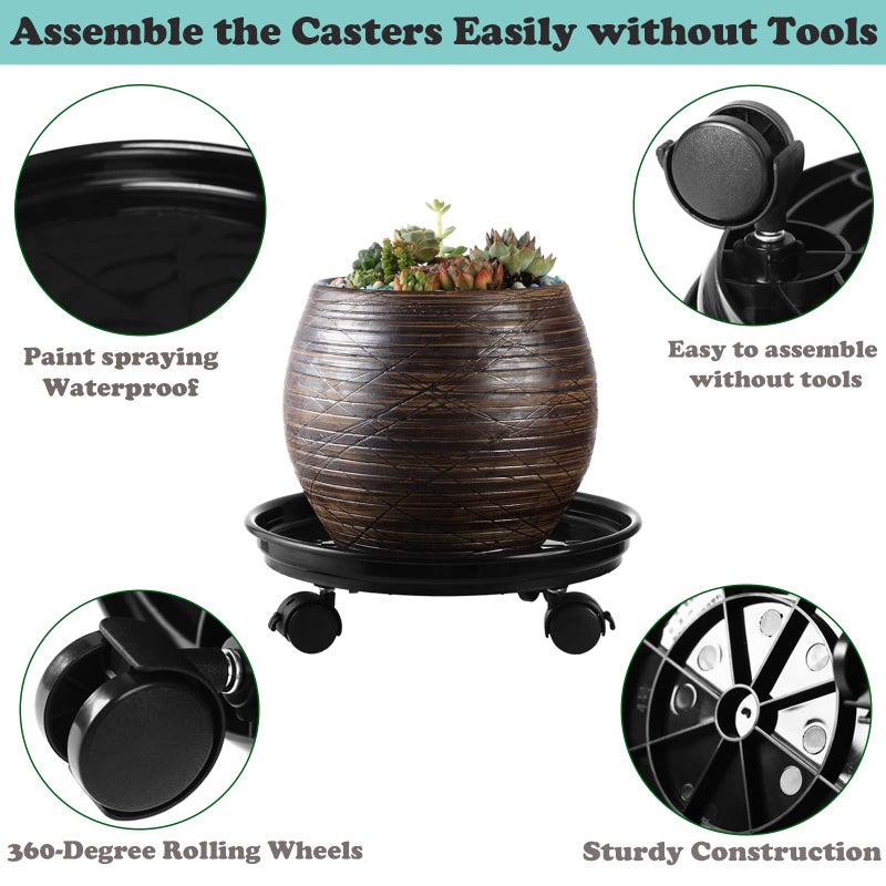 Planterhoma 6 Packs Plant Caddy with Wheels 11.8" Plastic Rolling Plant Dolly Coasters Heavy-duty Wheeled Planter Mover Rollers Indoor Outdoor Wheeled Flower Pot Base Suacers with Casters, Black - Image 2